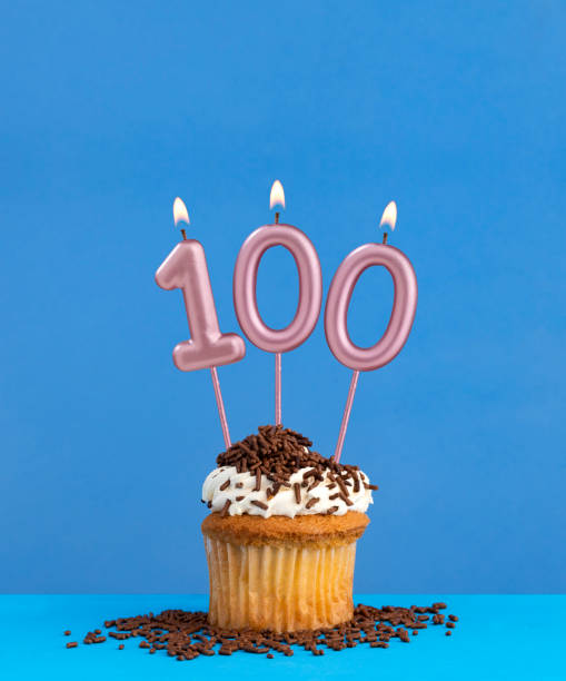 istock Birthday candle with cupcake on blue background - Number 100 2156467049
