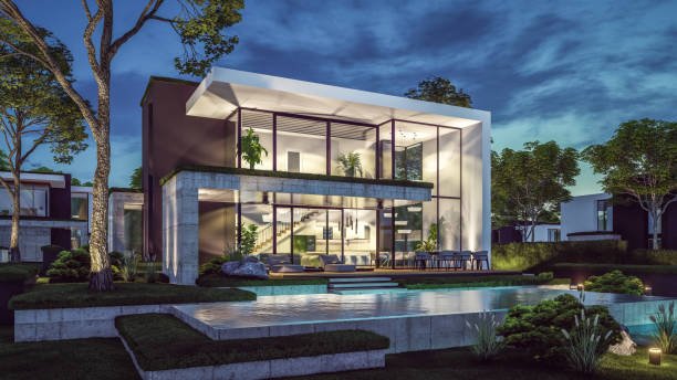 istock 3d rendering of modern house in luxurious style in night 2156469998