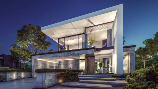 istock 3d rendering of modern house in luxurious style in night 2156470009