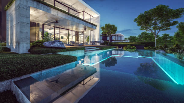 istock 3d rendering of modern house in luxurious style in night 2156470060