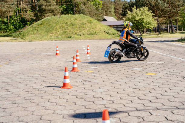 istock Student on motorbike, side view, motorcycle school. 2156472267