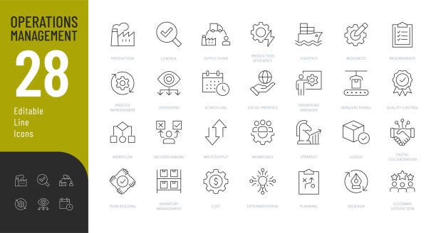 Operation Management Line Editable Icons set. Vector illustration in modern thin line style of business related icons: production, planning, manufacturing, and other. Pictograms and infographics for mobile apps. management system icon stock illustrations