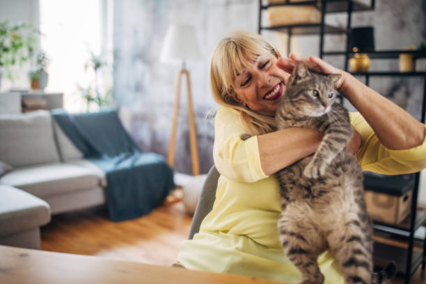 istock Senior white woman playing with a cat 2156476390