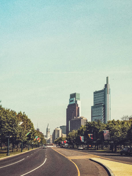 Cityscape of Philadelphia. Street of Philadelphia with skyscrapers on summer day.
