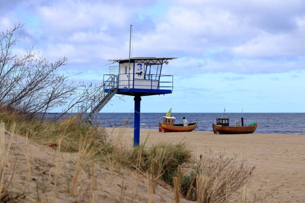 Ahlbeck, Usedom, Germany - March 16 2024: beach at Usedom island on a cloudy day