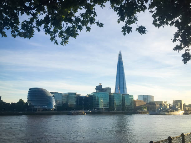 London city skyline and river Thames. Picturesque shot of the South Bank of the Thames River.