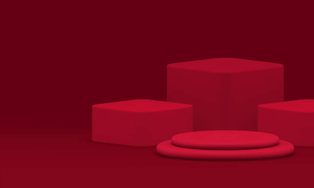 istock Red 3d podium pedestal geometric showroom for product show realistic vector illustration 2156481436