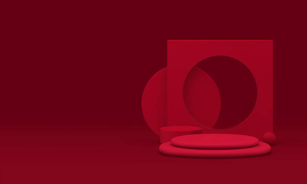 istock Red 3d geometric podium pedestal mock up for cosmetic product show realistic vector illustration 2156481499