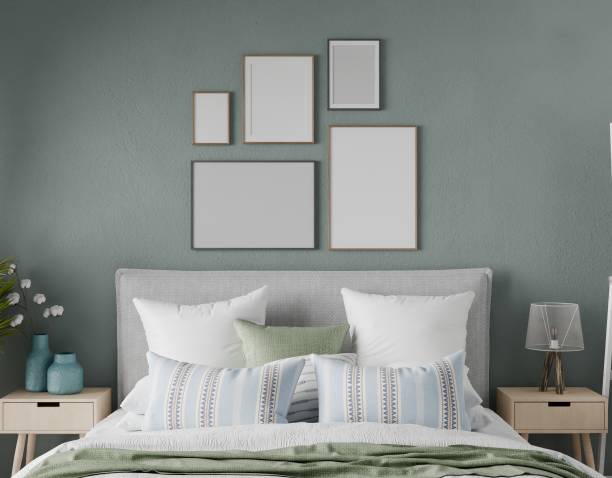 istock mockup frame bedroom cozy modern home interior, bed empty headboard green wall background. room 3D rendering 2156482916