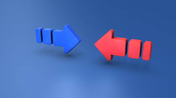 Red and blue arrows about to collide head-on. Invading red forces. Battlefield frontline metaphor. Abstract concept. 3D rendering. Blue background.