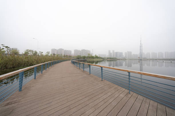 The boardwalk on the lake and the distant urban architecture