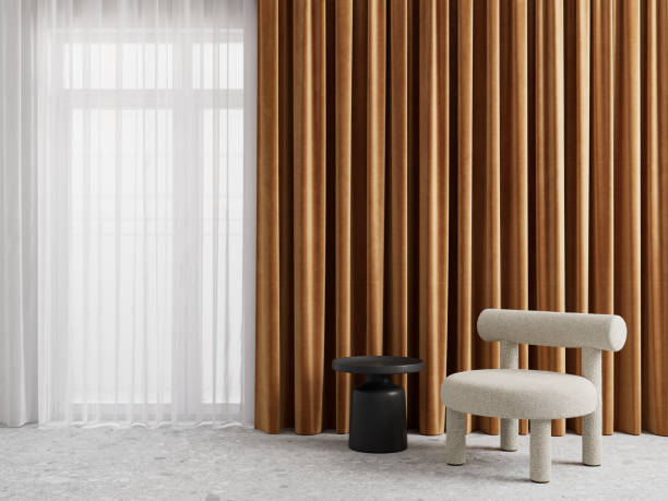Minimalism interior with beige boucle fabric armchair, black plastic coffee table, terrazzo gray tile floor and orange curtains. 3d render illustration mockup.