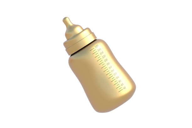 Golden baby bottle for milk isolated on white background. 3d render