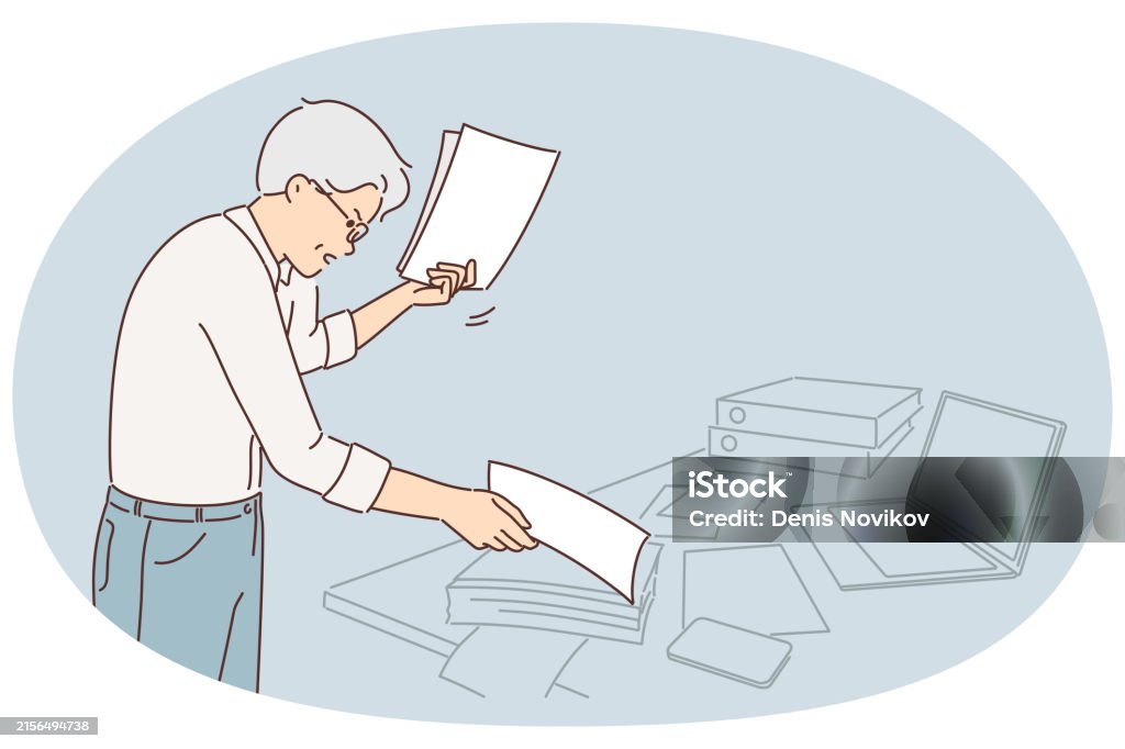 Nervous Gray Haired Office Worker Doing Paperwork And Getting Angry ...