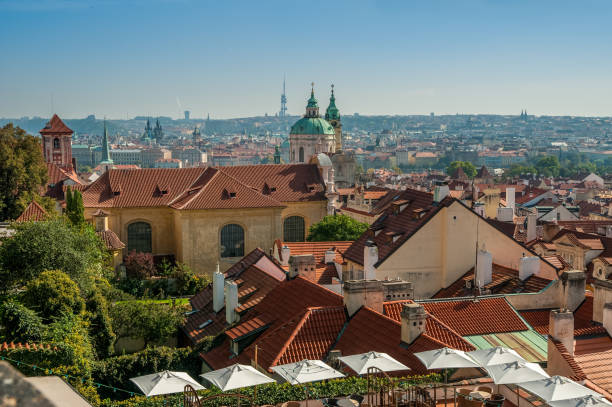 Panoramic view of buildings from rooftops in Prague, Czech Republic