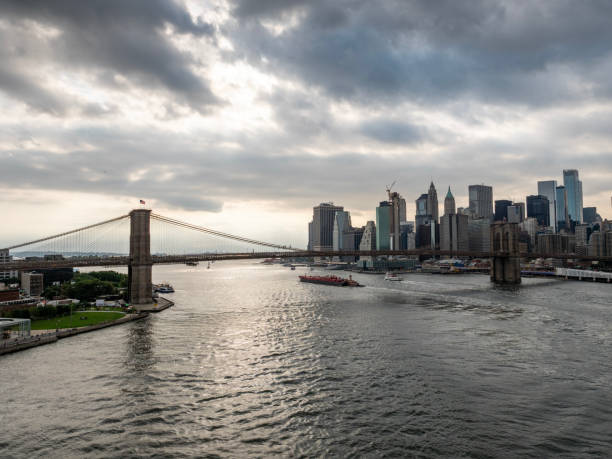 Panoramic view of Brooklyn bridge and Manhattan at sunset, New York City.