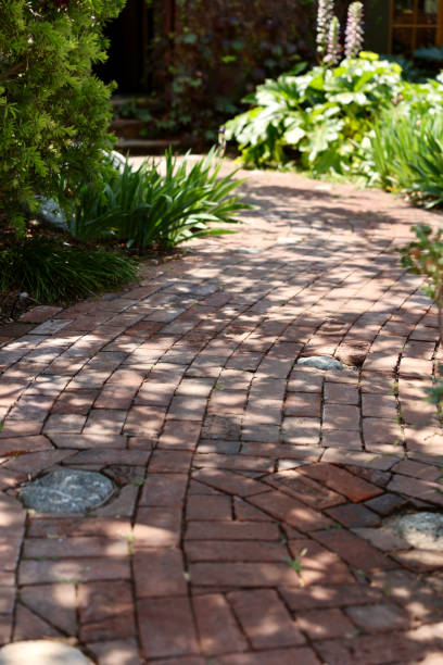 istock Curvy garden brick path in morning sun 2156500433
