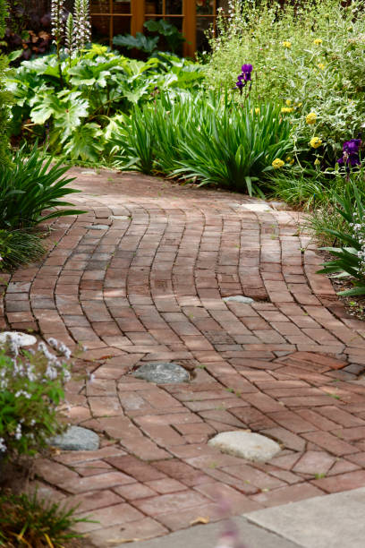 istock Curvy garden brick path in morning sun 2156500438