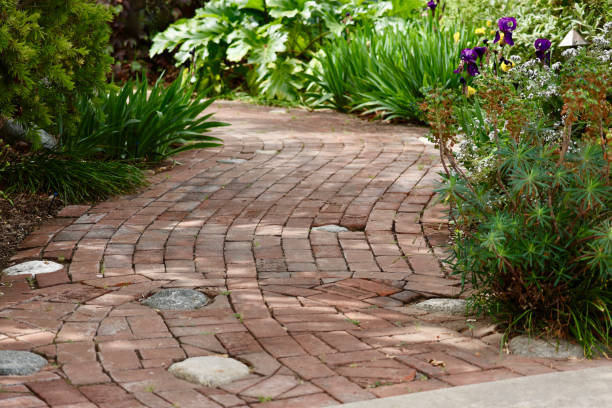 istock Curvy garden brick path in morning sun 2156500440