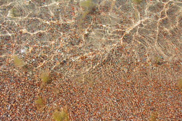 Abstract sandy coastline from above with clear water with pebbles, ripples, seaweed and sunbeams with summer vacation background on sea, ocean, lake