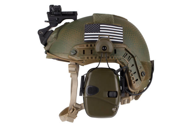 Night vision goggles on military helmet with US national flag