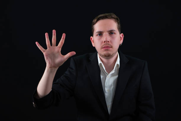 istock Fingerprint scanner.  Businessman touching the screen (stop sign - five fingers in the air) Technology Concept 2156501431