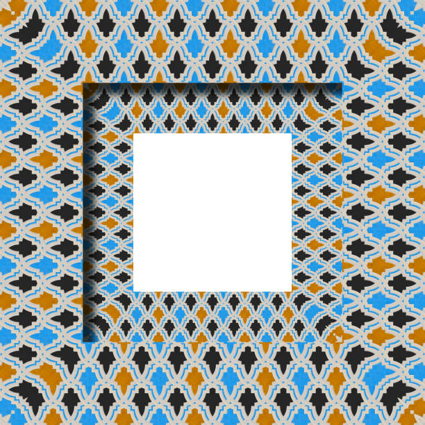 Frame composition of typical arabic wall decorations with  colored ceramic tiles called azulejos with a geometric design - concept image with copy space.