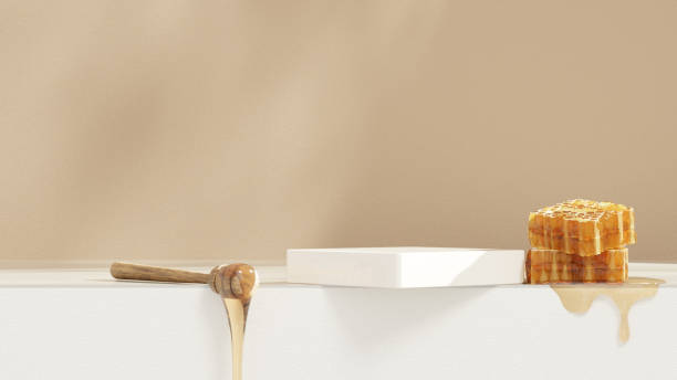 istock 3D background display stand with honey on white podium for product presentation in landscape 2156501905