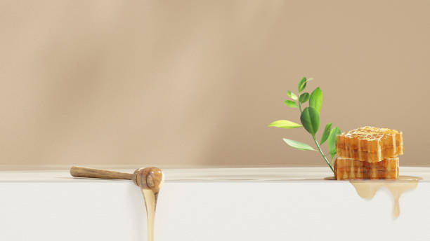 istock 3D background display stand with honey on white podium for product presentation in landscape 2156504486