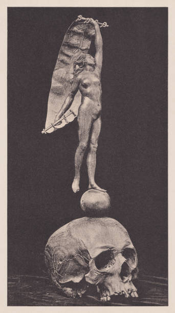 Fortuna on a skull, around 1700, halftone print, published 1891 Fortuna - the Roman goddess of fortune - on a skull. German wood carving, around 1700. Private Collection. Halftone print based on a photograph, published in 1891. fortuna illustrations stock illustrations