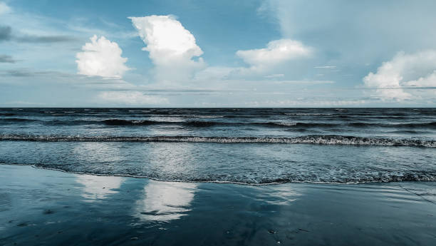 istock Tranquil sunset nature, sea sand sky clouds and horizon, panoramic banner view. wonderful scenery 2156506777