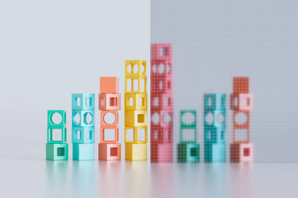 Artificial Intelligence Concept, Balancing Geometric Shapes Behind Glass Wall. Digitally generated image. 3d render.