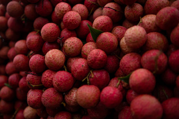 lychee fruit. red lychee fruit on a white plate. lichee is a small tropical fruit from the soapberry family