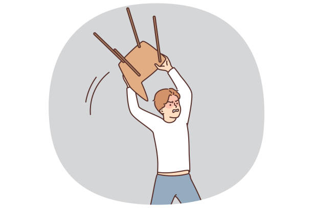 Angry man lifts chair to throw at offender or break furniture during nervous breakdown Angry man lifts chair to throw at offender or break furniture during nervous breakdown associated with psychological disorder. Guy experiencing psychological problems needing trip to psychiatrist man throwing chair stock illustrations
