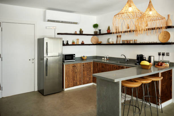 Hanging pendant lights in kitchen with refrigerator