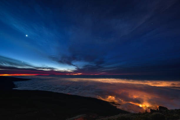 Sunset above the clouds on the volcano in Tenerife