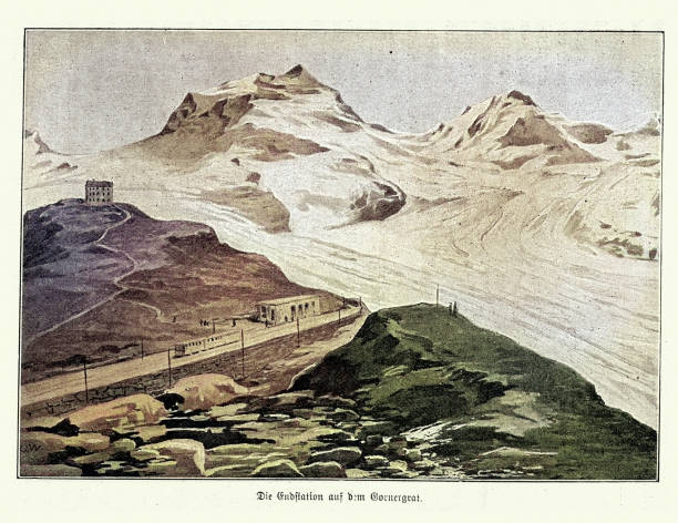 History of railways, final stop on Gornergrat Railway a mountain rack railway, Zermatt, Switzerland, Victorian 1890s 19th Century, Vintage illustration