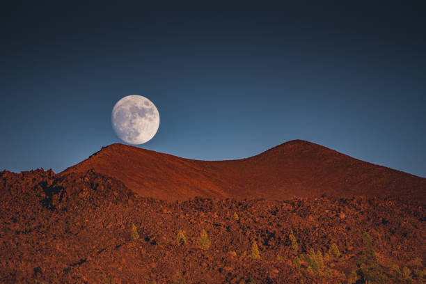 The full Moon rising above the volcano