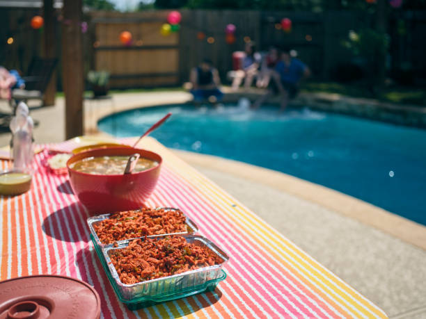 Food at a hispanic backyard family party.