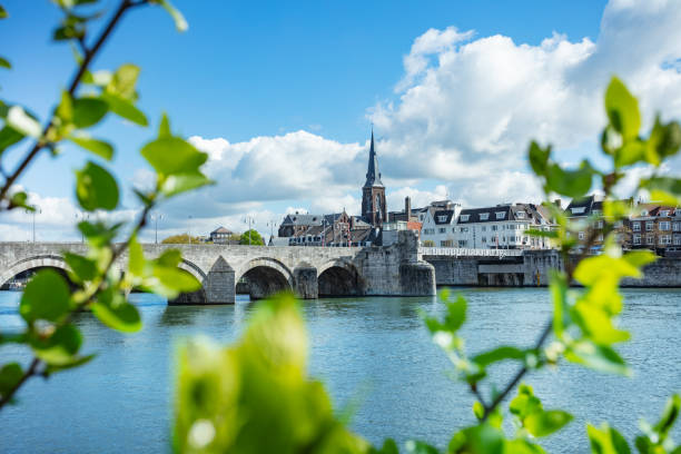 Historic bridge over and Maastricht town viewed through leaves
