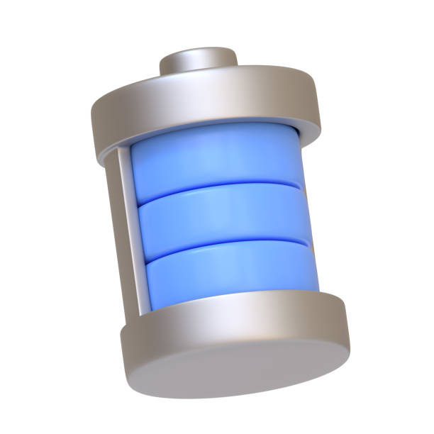 Fully charged battery icon glowing blue, representing full power and high energy level isolated on white background. 3D icon, sign and symbol. Side view. 3D Render Illustration