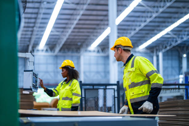 istock male and female technician engineers checking the process on Heavy machine. mechanical engineering team production. Industry manufacturing. Worker holding tablet and folde. High technology production. 2156561308