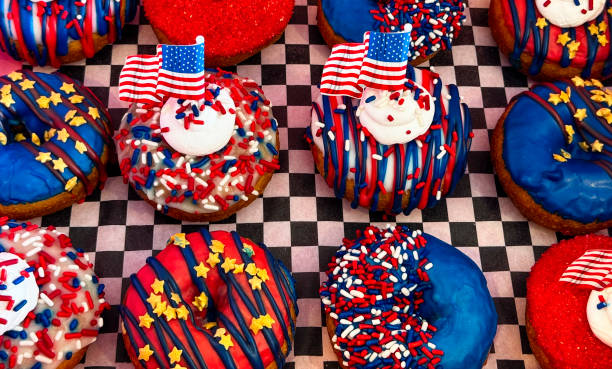 Gourmet Fourth of July Cupcakes with American flags on a 1950s checkered background