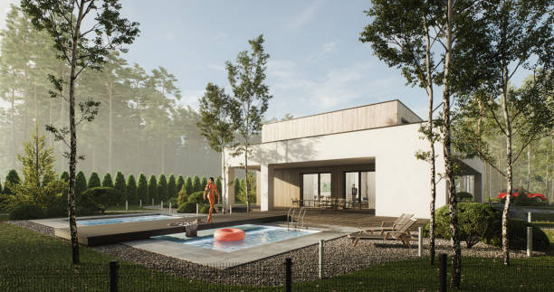 istock Modern House with Swimming Pool in Wooded Area 2156567248