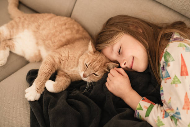 istock A girl near a ginger cat on the couch 2156572493