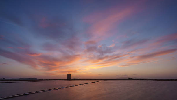 Vibrant sky during evening twilight after sunset at nature reserve Saline di Trapani with salt fields and Torre Nubia, Contrada Nubia, Sicily, Italy