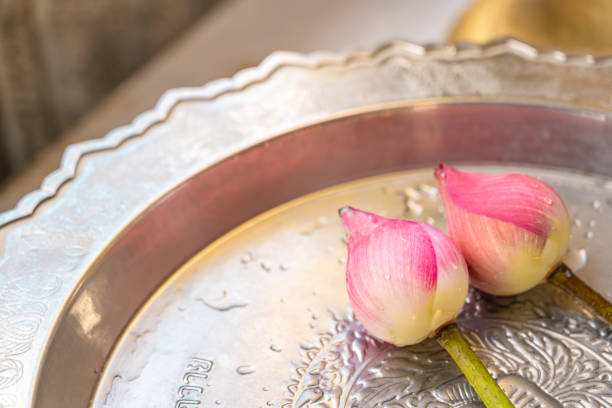 Couple of pink lotus on tray in buddhism temple. Pink lotus flowers for paying homage placed on a silver pedestal tray. Copy space.