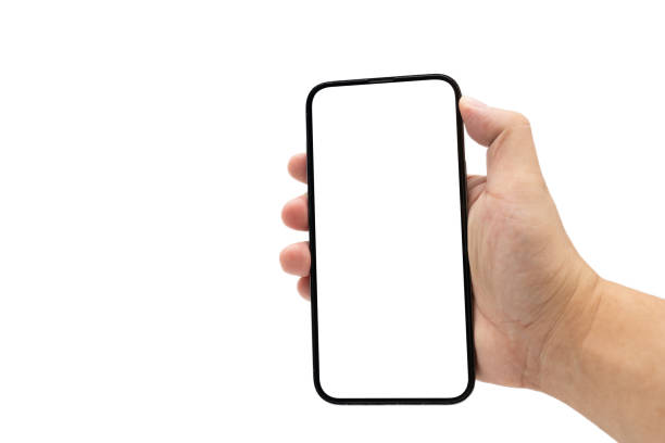 istock Hand holding blank screen smartphone for copy space isolated on white background. Male hands showing empty white screen of modern smart phone. Clipping path 2156579471