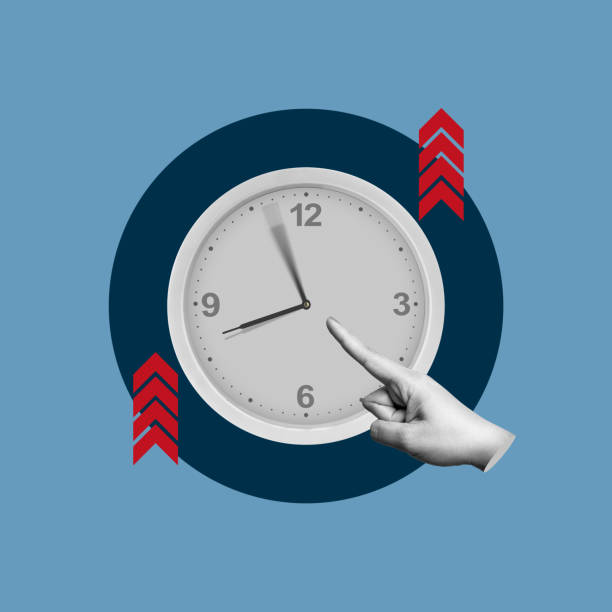 istock Efficiency and productivity, a modern concept of time management with clock, pointing hand, and arrow graphics on blue background 2156580245