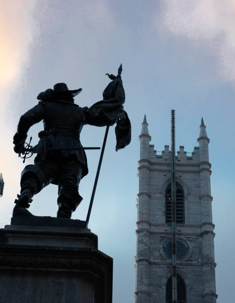 Place D'Armes Square in historic Old Montreal featuring a statue of Paul Chomedey de Maisonneuve,  one of Montreal's most prominent founders.